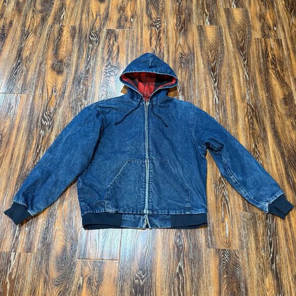 Men’s Size Large Denim & Buffalo Plaid Flannel Chore Coat Jacket Hooded L Key